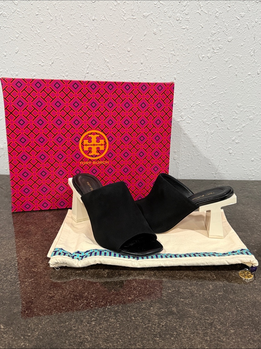 Tory Burch Black Suede Open-Toe Block Heel Mules Sandal Size 6